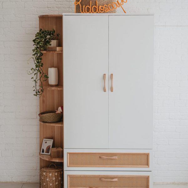 teenage children wardrobe white wood and rattan