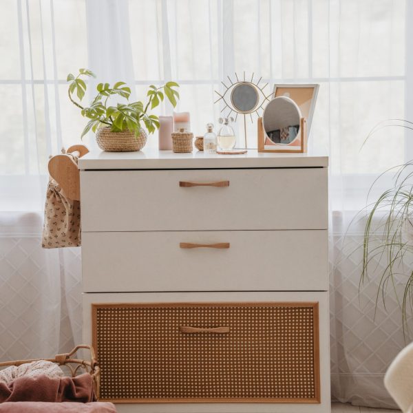 boho dresser white, massive wood and rattan 3 drawers